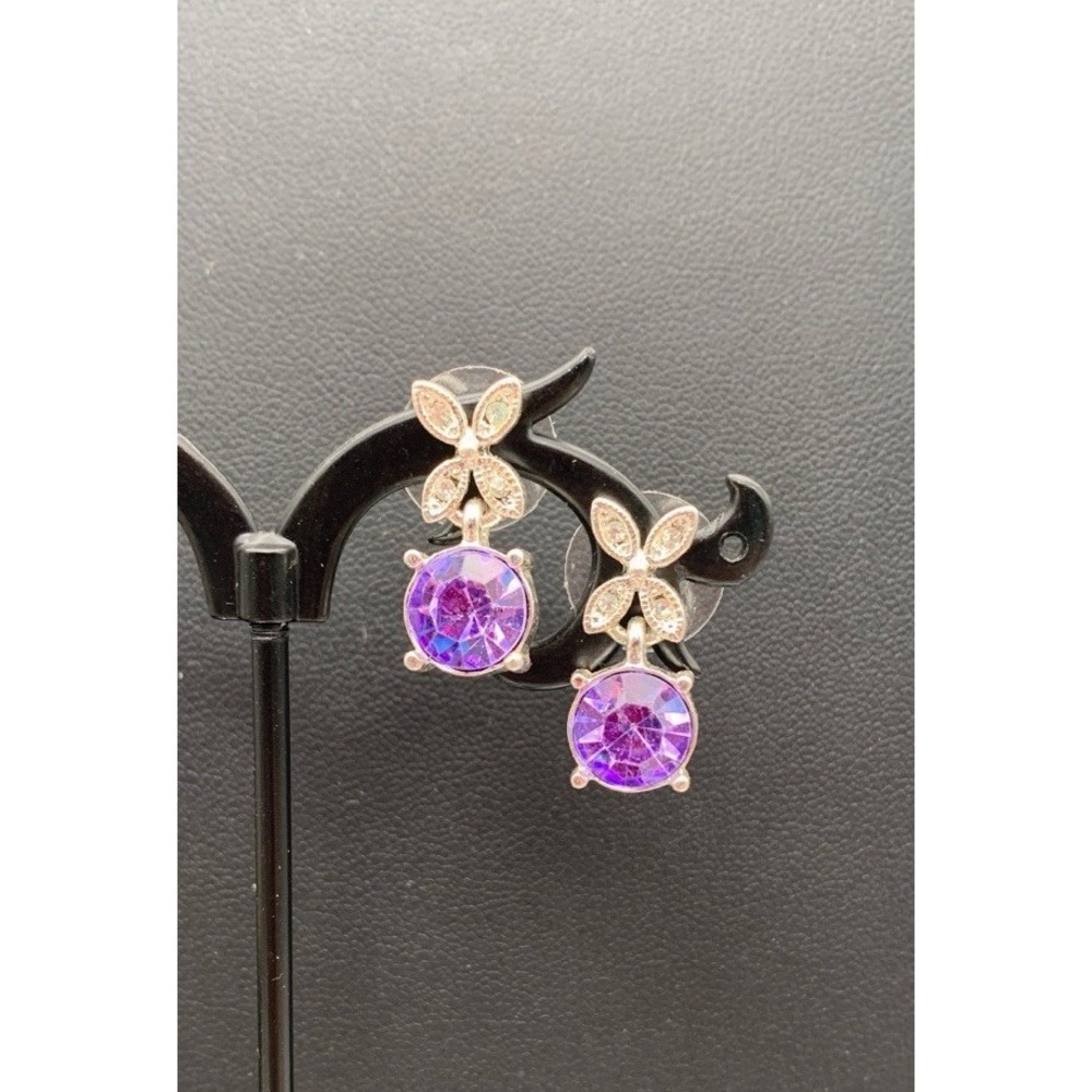 Napier Stunning Silver Tone Rhinestone‎ Flower & Purple Drop Rhinestone Earrings